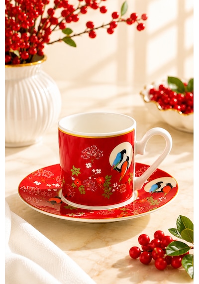 2 Kişilik Porselen Lovelybirds Kırmızı Yeşil Özel Tasarım Kahve Fincan Takımı Seti 90ml Kırmızı - Yeşil