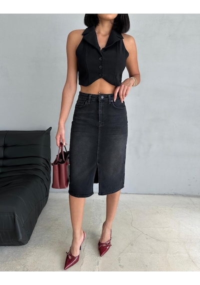 Zeo Basic Yırtmaçlı Midi Boy Likralı Jean Etek Siyah