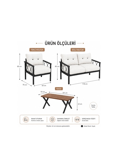 Miray 211 Masalı Bej Fermuarlı Bahçe Balkon Takımı, Salon, Teras- Berjer Düğmeli Metal Çay Seti Bej