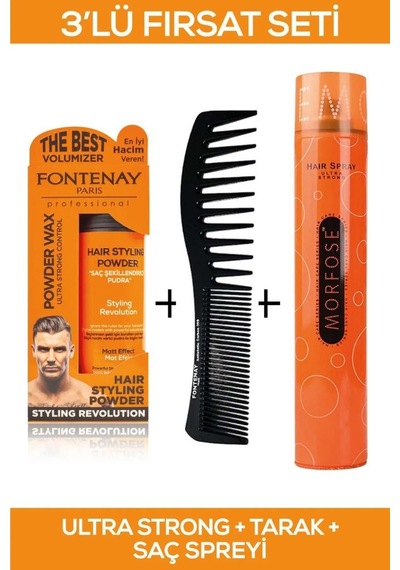 Fontenay Saç Şekillendirici Pudra Toz Wax Ultra Strong Turuncu + Şekil Tarağı + Saç Sprey 3'lü Set
