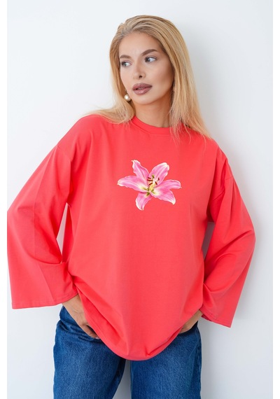 Medinenur Kadın Lily Çiçeğ Baskılı Uzun Kollu Oversize Body Narçiçeği