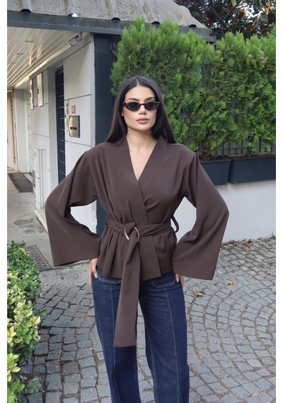 Kechi Woman Krep Kumaş Kruvaze Kemerli Kimono Bluz Kahverengi