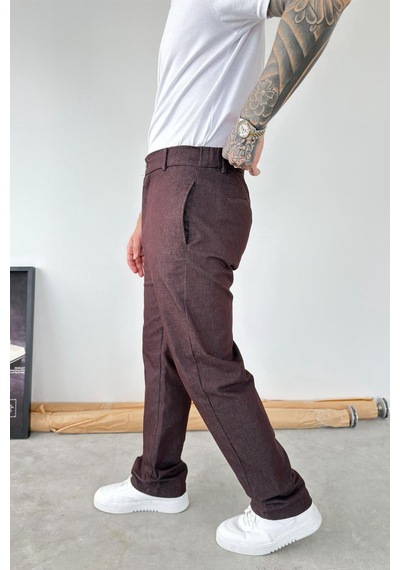 Kahverengi Premium Dokulu Baggy Kumaş Pantolon