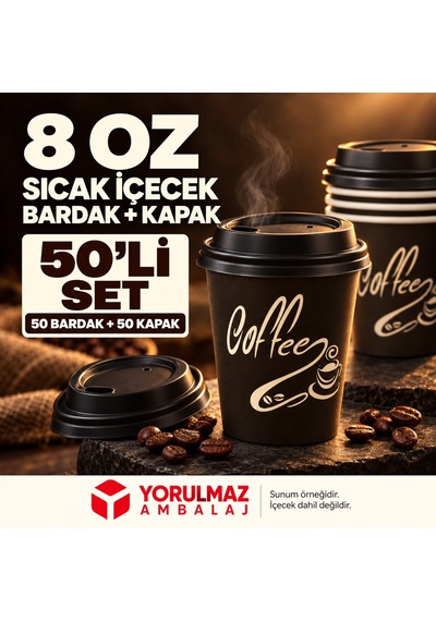 8 Oz Kapaklı Karton Bardak 50 Adet Sıcak İçecek Uyumlu Tek Kullanımlık Kağıt Bardak 40