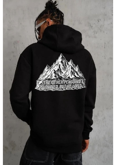 Erkek Nihilist Penguen Baskılı 3 İplik Pamuklu Kapüşonlu Sweatshirt Hoodie Siyah