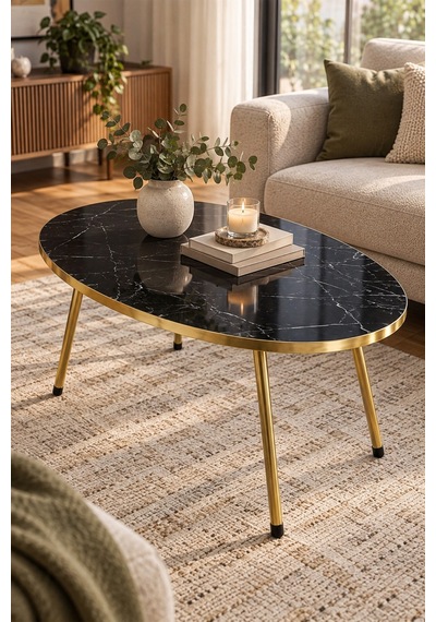 Sulorahome Gold Ayaklı Oval Mermer Desenli Orta Sehpa Siyah