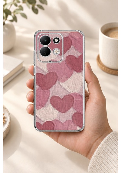 Redmi 17 4g/5g Uyumlu Pastel Gül Kurusu Ve Pembe Kalpli Baskılı Silikon Kılıf