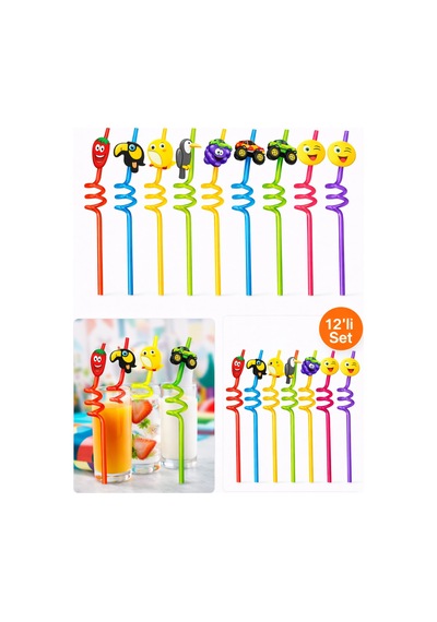 12'li Figürlü Renkli Eğlenceli Spiral Pipet