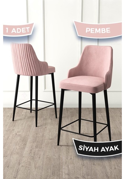 Canisa Enox Serisi, Mutfak Bar Sandalyesi, Babyface Kumaş, Siyah Metal Ayak , 1 Adet Sandalye Sandalye Pembe Ayaklar Siyah
