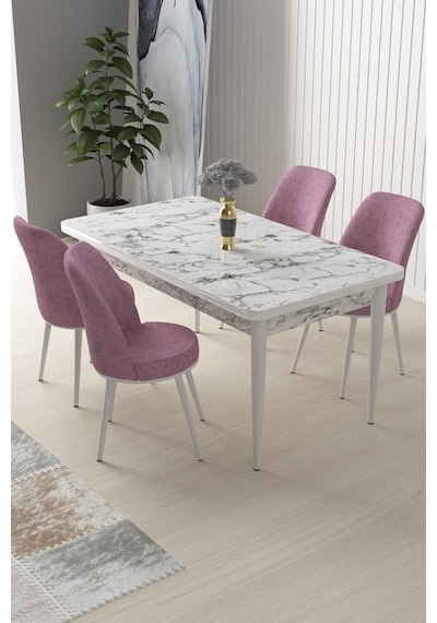 Canisa Nil Serisi 70x110 Sabit Mutfak Masası Takımı Beyaz Mermer Desen Masa 4 Pembe Sandalye Masa Beyaz Mermer Desen Sandalye Pembe