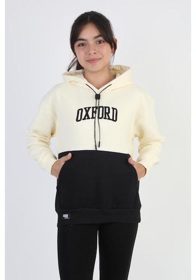 Kapşonlu Oxford Baskılı Kanguru Cepli Kız Çocuk Sweatshirt-90864 Krem
