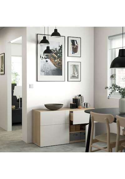 Dolap Kombinasyonu, Ağartılmış Meşe Görünümlü-parlak Cila-beyaz, 120x42x65 Cm, Selsvıken, Çıt Çıt Raylı