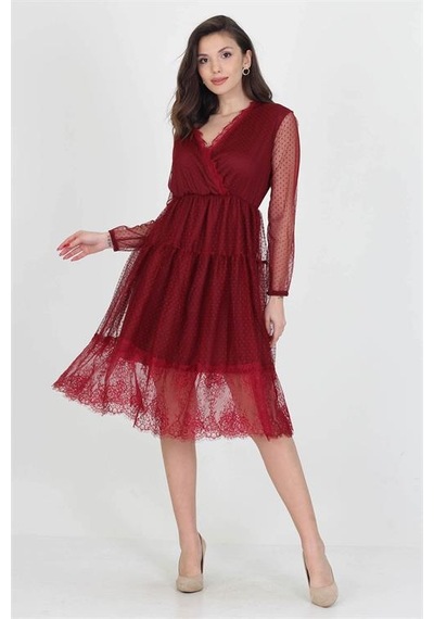 Neşeli Butik Neseli Butik Kruvaze Yaka Eteği Güpür Detaylı Yeni Sezon Elbise Nb0010 Bordo