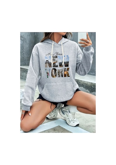 Medinenur Newyork Baskılı Cepli Kapüşonlu Sweatshirt Gri