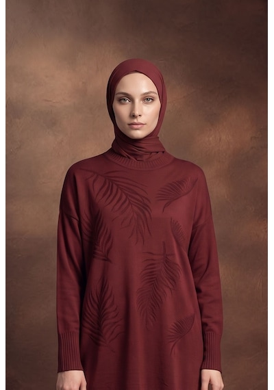 Armine Trend Yaprak Desenli Bisiklet Yaka Uzun Kollu Fitilli Detaylı Tunik Bordo 26ktd408