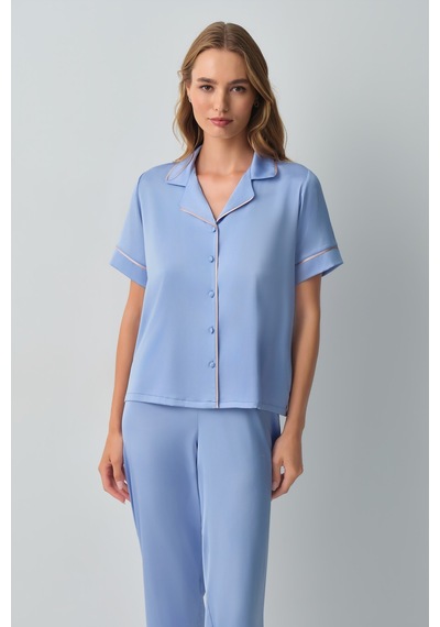 Suwen Clara Gömlek Yaka Pijama Takımı Wsh10510061015 Mavi