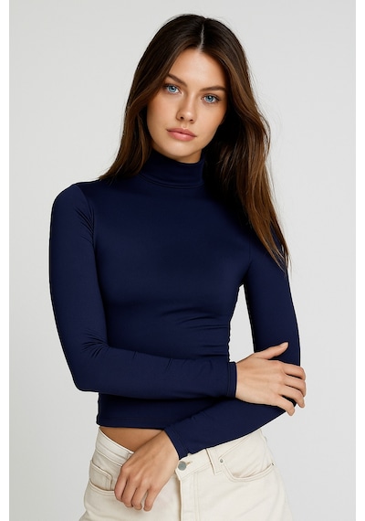 Rich Kadın Lacivert Yarım Balıkçı Yaka Uzun Kollu Crop Bluz Lacivert