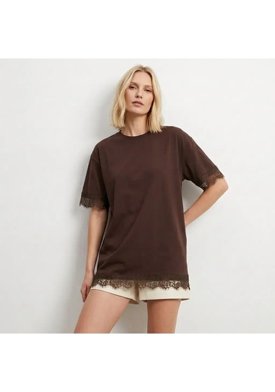 Kadın Bisiklet Yaka Dantel Detay Oversize Penye Bluz 26005 Kahve