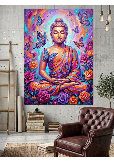 Kelebekli Ve Güllü Ve Renkli Buda Heykeli Meditasyon Yapan Dekoratif Kanvas - Mdf Ahşap Tablo Çok Renkli