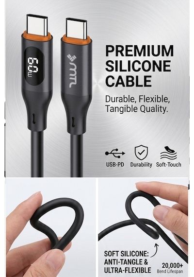 60w Type-c To Type-c Watt Göstergeli Silikon Hızlı Şarj Ve Data Aktarım Kablosu 1 Metre Mt 2214
