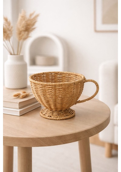 Hasır Rattan Fincan Model Sepet Düzenleyici Dekor Açık Sarı