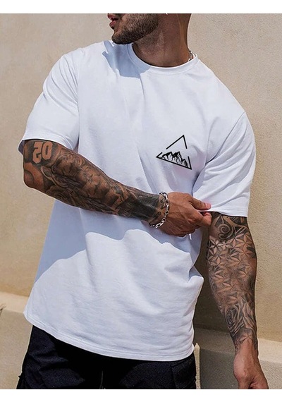 Üçgen Dağ T-shirt - Beyaz Baskılı Oversize Bisiklet Yaka Kısa Kol Tişört Beyaz