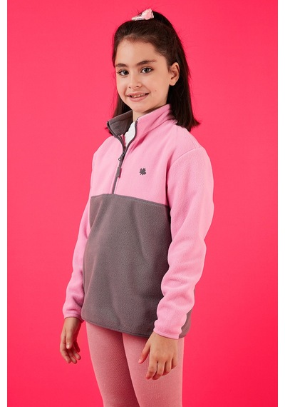 Lela Yumuşak Dokulu Yarım Fermuarlı Renk Bloklu Dik Yaka Unisex Çocuk Polar 5905004 Şeker Pembe-Gri