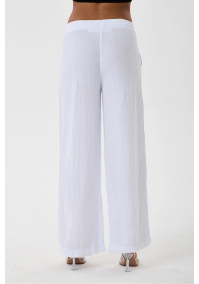 Dıanna Kadın Beli Lastikli Wide Leg Müslin Pantolon %100 Pamuk Geniş Bol Paça Rahat Ofis & Günlük Stil Beyaz