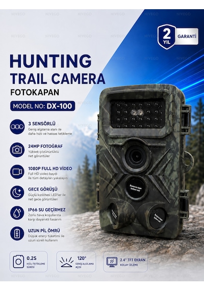 Nvg Fotokapan 24MP 1080P Full HD Gece Görüşlü 3 Sensörlü IP66 Su Geçirmez Hızlı Tetikleme 120° Geniş Algılama Açısı