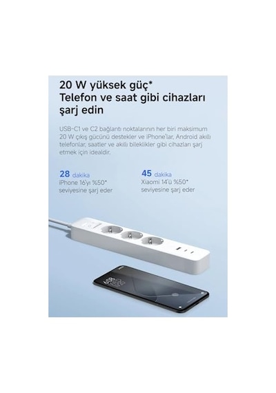 20w Power Strip 3 Lü Priz - 2 Usb-c + 1 Usb-a Hızlı Şarj