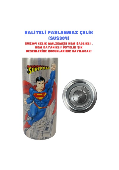 600ml Superman Lisanslı Pipetli Kilitlenebilir Kapak Paslanmaz Çelik Termos Matara Çok Renkli