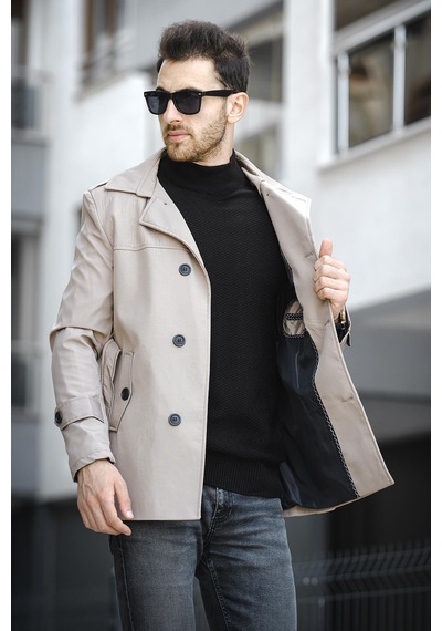 Oksit Lusaka Su İtici Slim Fit Kemer Detaylı Trençkot Taş Rengi