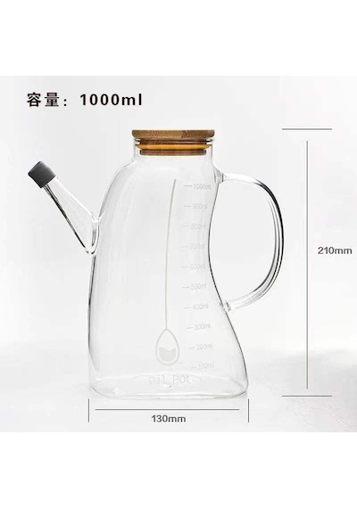 1000ml Bambu Kapaklı Cam Yağlık Ve Sirkelik Dayanıklı Ve Şeffaf Sıvı & Mutfak İçin Hassas Sıvı Ölçüm Ve Saklama Çözümü 1000ml - Cam Sürahi Sıvı Ölçü Kabı
