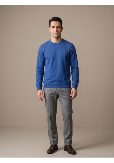 Maccali Erkek Saks Selanik Bisiklet Yaka Sweatshirt Saks Mavi