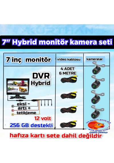 4 Adet Ledsiz Ahd 720p Balık Gözü Lens Kelebek Kamera 7 İnç Qled Hybrid Dvr Monitör 12 Volt 256 Gb