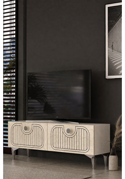 120dhdts3btg Hera Lazer Desenli Tv Sehpası Beyaz-traverten-gümüş