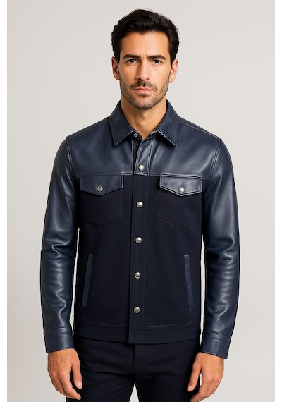 Ncs Jeans Erkek Gömlek Suni Deri Ve Triko Karışımlı Overshirt Lacivert 7348 Lacivert