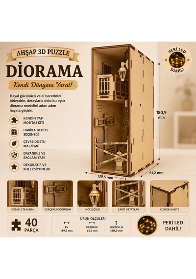 Algwooddesign Diorama Ahşap Maket, 40 Parça Dıy Minyatür Şehir Sokağı Dioraması, Peri Led Dahil, Mdf 3d Puzzle, Book Nook Ve Dekorasyon Seti, 13,95 X 6,12 X 18,09 Cm
