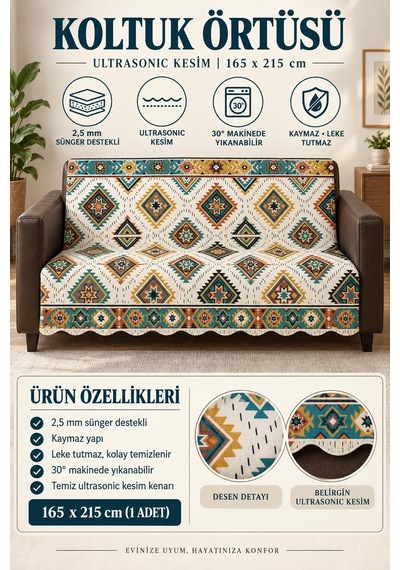 Çok Amaçlı Kadife Koltuk Örtüsü Kaymaz Süngerli 165x215 Cm Modern Bohem Çekyat Şalı Piknik Masa Örtüsü Alk9 krem