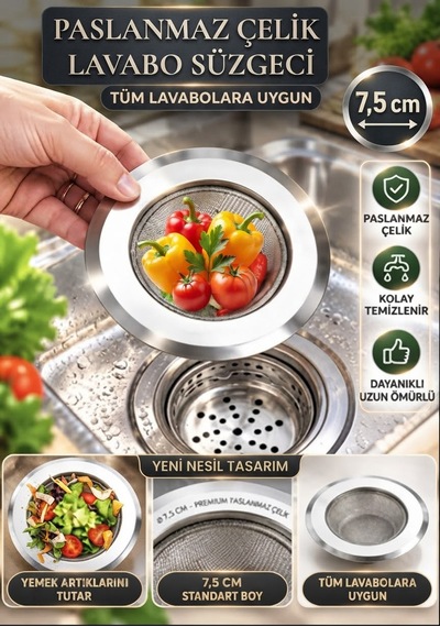 Tüm Lavabolara Uygun Paslanmaz Çelik Lavabo Süzgeci 7,5 Cm Süzgeç