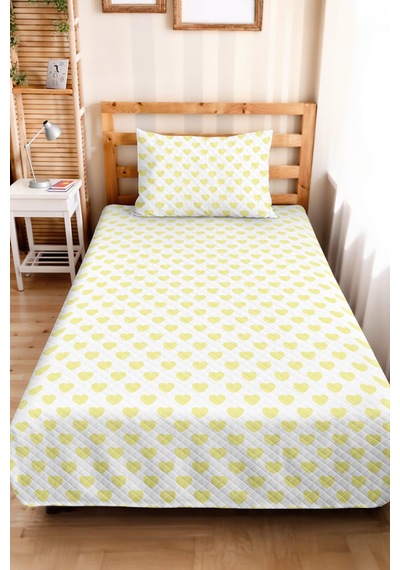 Sarı Kalp Genç Odası Tek Kişilik Pike Takımı - Minimal Beyaz 160x220 Cm Kapitone Yatak Örtüsü Bohem Sis Ufku