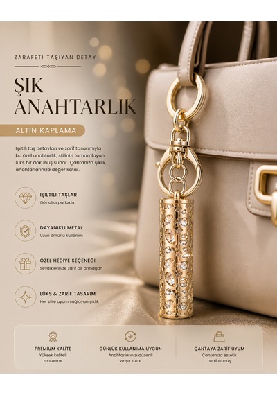 Lüks Taşlı Silindir Anahtarlık Ve Çanta Aksesuarı - Altın Kaplama Premium Hediye Sarı