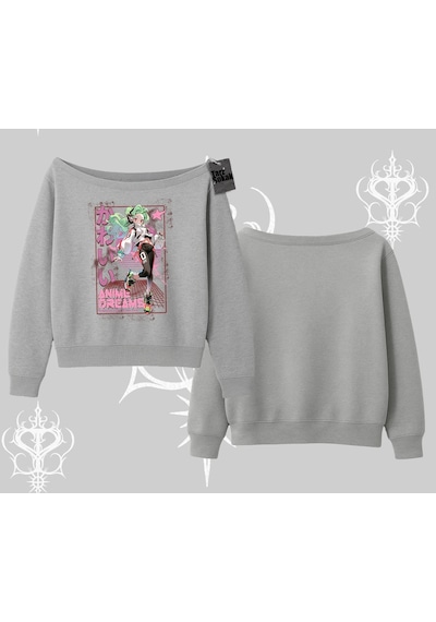 Startmore Kayık Yaka Sweatshirt Anime Kawaii Japon Kız Desenli Gri