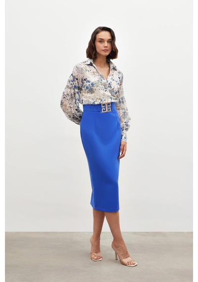 Sateen Aksesuar Detaylı Kalem Etek - Mavi-134845 Mavi