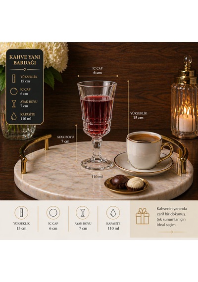 6 Lı Kahve Yanı Cam Bardak Ayaklı Meşrubat Bardağı Şık Sunumluk 110 Ml Şeffaf