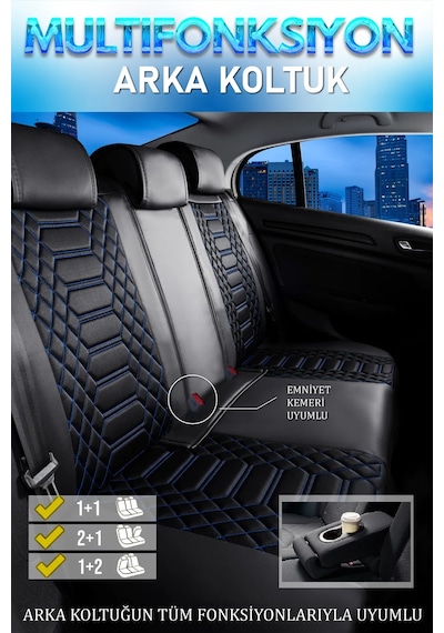 Hyundai Matrix Uyumlu Lüks Deri Oto Koltuk Kılıfı Ön Arka Takım Set Siyah Mavi Royal Model Fs