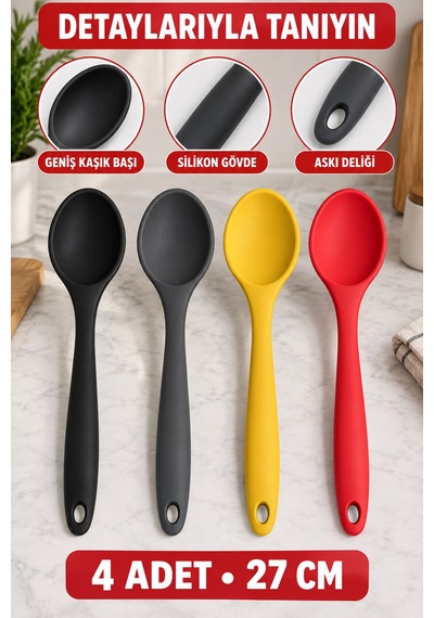4'lü Set Siyah Antrasit Kırmızı Sarı, Büyük Boy Silikon Kaşık 27 Cm, Yemek Pişirme Ve Servis Kaşığı.