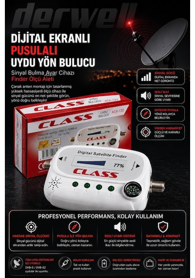Dijital Ekranlı Pusulalı Uydu Yön Bulucu Sinyal Bulma Ayar Cihazı Finder Ölçü Aleti: Çanak Anten Montajı İçin Hassas Sinyal Gücü Göstergesi, Sesli İkaz Ve Entegre Pusula Sistemi