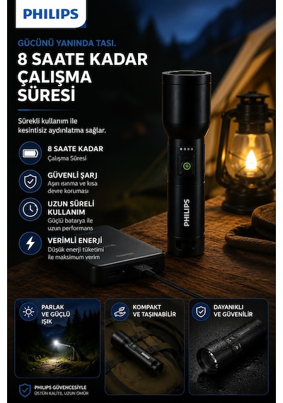 Philips SFL7010R/62 Şarjlı LED El Feneri 1000 Lümen 700 Metre Işın Mesafesi 3000mAh Powerbank Özellikli IPX4 Suya Dayanıklı