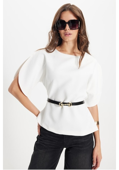 Tudors Kadın Slim Fit Dar Kesim Kol Detaylı İnce Kemerli Fermuarlı Beyaz Bluz Gömlek-50759